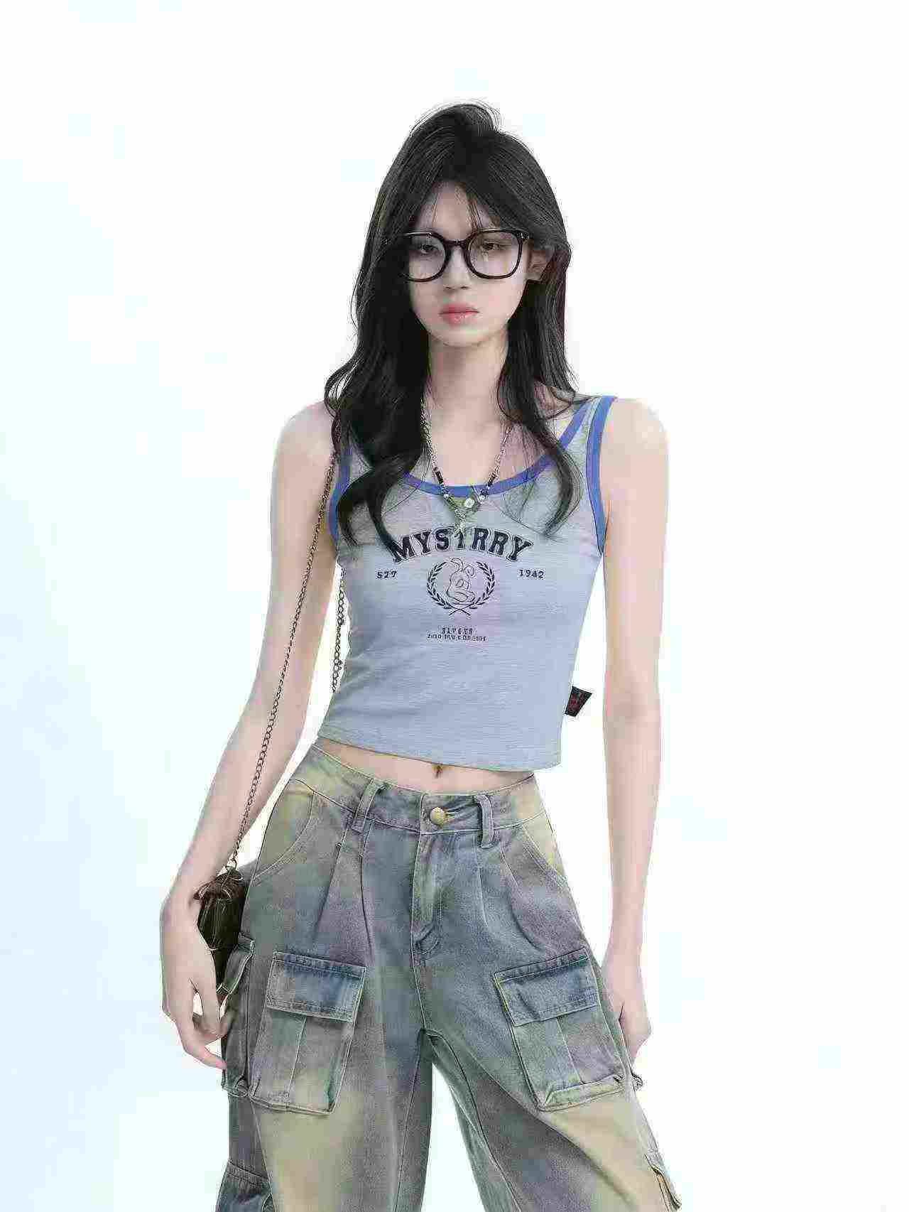 Clearance Bulk 157pcs Simple Colorblock Letter Cropped Cotton Tank Tops Chinese Clothing Stock Lots - Image 1