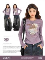 Pure Cotton American Style Slim Long Sleeve T-Shirts Women, Bulk 4800pcs Clothing Stock Clearance Wholesale Export - Image 1