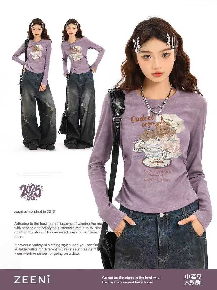 Pure Cotton American Style Slim Long Sleeve T-Shirts Women, Bulk 4800pcs Clothing Stock Clearance Wholesale Export - Image 1