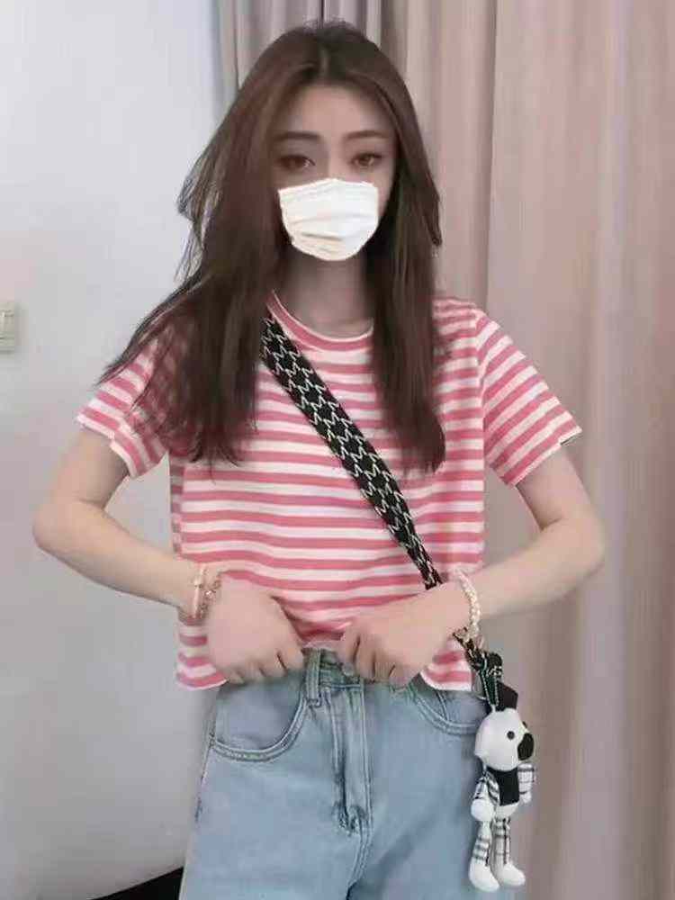 Full Bulk Clearance 1200PCS Women's Summer Vintage Striped Cropped T-Shirt One Size High Elasticity - Image 1