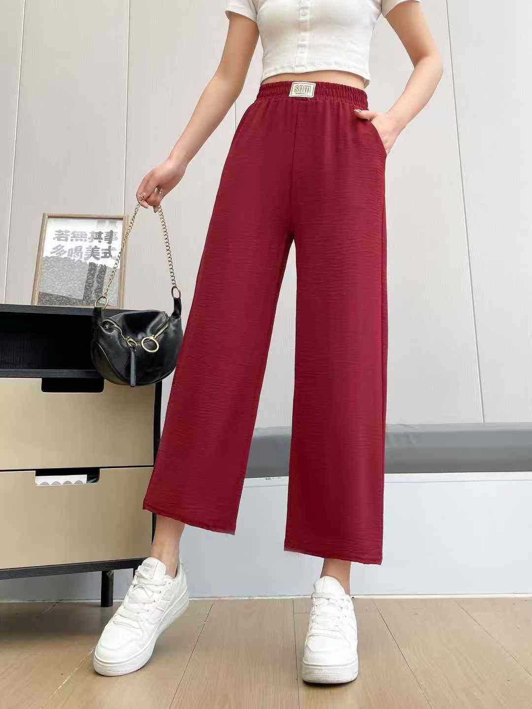 Clearance Bulk Summer Ice Silk Crepe Elastic Waist Wide Leg Cropped Pants For Middle-Aged Elderly Women Stock Wholesale - Image 1