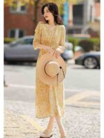 Bulk Wholesale French Tea Break Yellow V-neck Floral Women's Slim Waist Long Dresses Chinese Clothing Stock Lots - Image 1