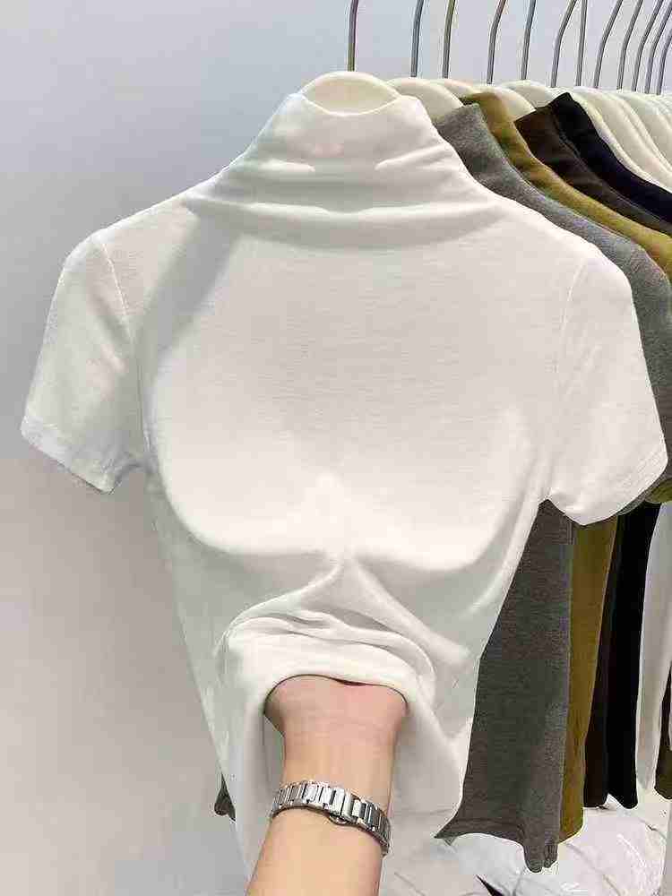 Women's Ancar Red Half Turtleneck Short Sleeve T-Shirt Pure Cotton High Stretch One Size Inner Top For Spring Autumn Wholesale Stock - Image 1