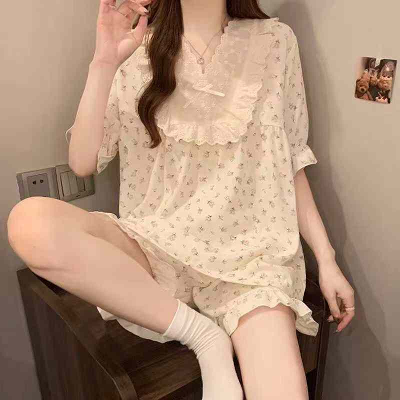 New Summer 3-Piece Pajama Set With Built-in Chest Pads, Cloud Cotton Doll Collar Lace Sleepwear Chinese Stock Wholesale Export - Image 1