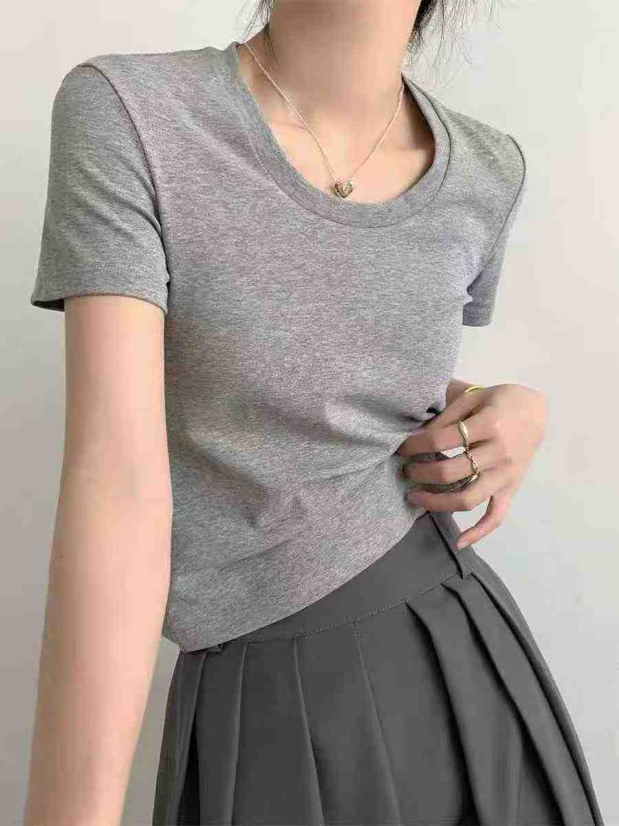 150 Pcs Full Clearance Grey Pure Cotton Women Slim Cropped Round Neck T-Shirts Bulk Wholesale - Image 1
