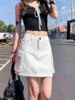 Bulk Clearance 130PCS High Waist Slimming White Denim Cargo A-line Mini Skirts For Wholesale Export - Image 6