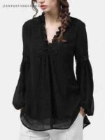European Style Black V Neck Hollow Out Loose Half Sleeve Chiffon Lace Blouse Women Bulk Stock Wholesale Clearance - Image 1
