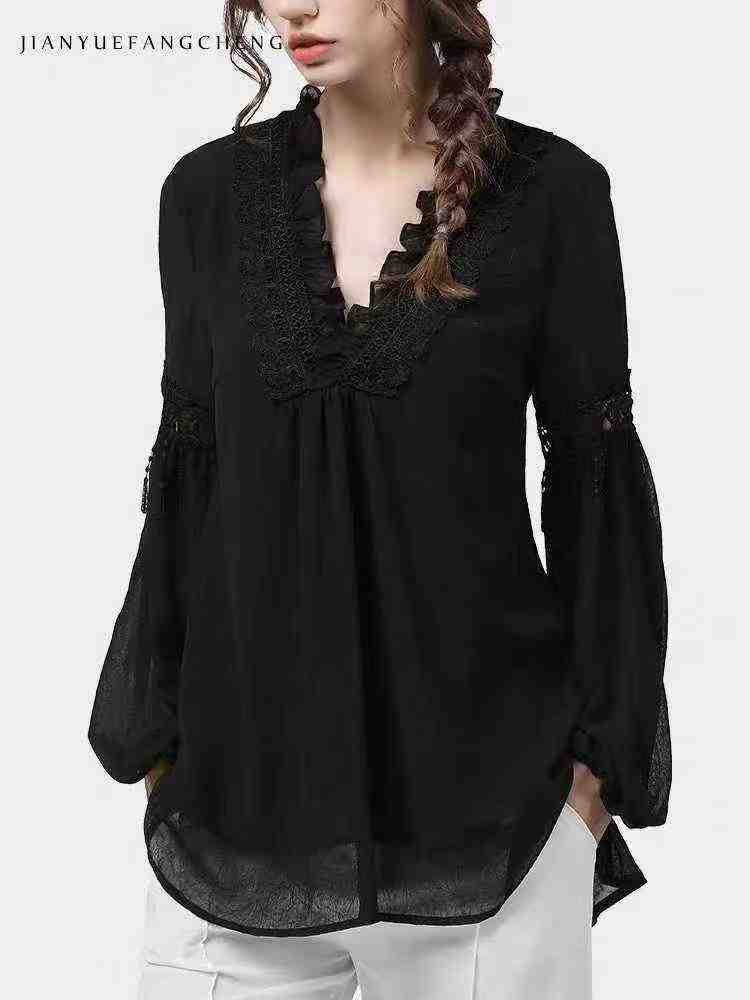 European Style Black V Neck Hollow Out Loose Half Sleeve Chiffon Lace Blouse Women Bulk Stock Wholesale Clearance - Image 1