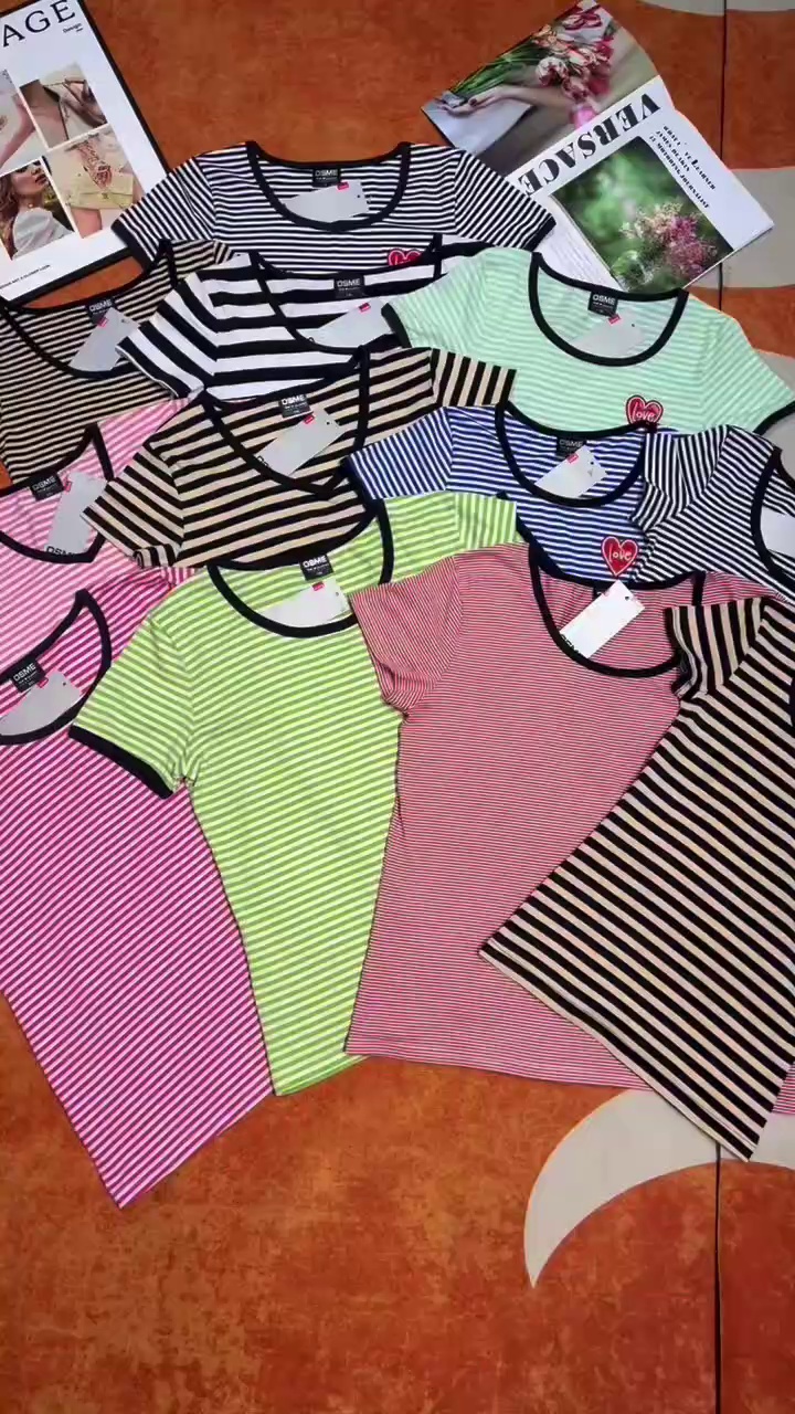 About 2300 Pieces Cotton Striped & Printed Women's Summer Short Sleeve T-Shirts Bulk Stock Wholesale - Image 1