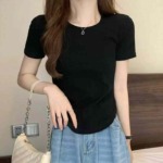 356 Pieces Women's Summer Ice Silk Rib Solid Color U-Neck Curved Hem Slim Fit Short Sleeve T-Shirts (4 Colors, Sizes M-XL) Stock Lot - Image 9