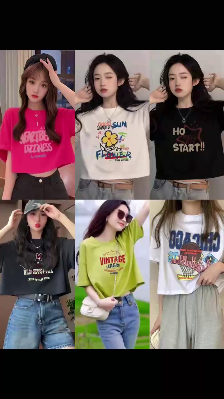 1800 Pieces Clearance Bulk Women's Sweet Retro High Waist Short Sleeve T-Shirts, Imitation Cotton Multiple Sizes & Patterns - Image 1