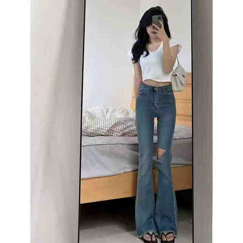 Around 260 Pcs High Quality Spring Autumn American Retro Raw Hem High Waist Flared Floor Length Jeans Bulk Stock - Image 1