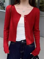 New Spring Vintage Red Plain Simple Long Sleeve Knit Cardigan - 400PCS Bulk Stock Wholesale - Image 7