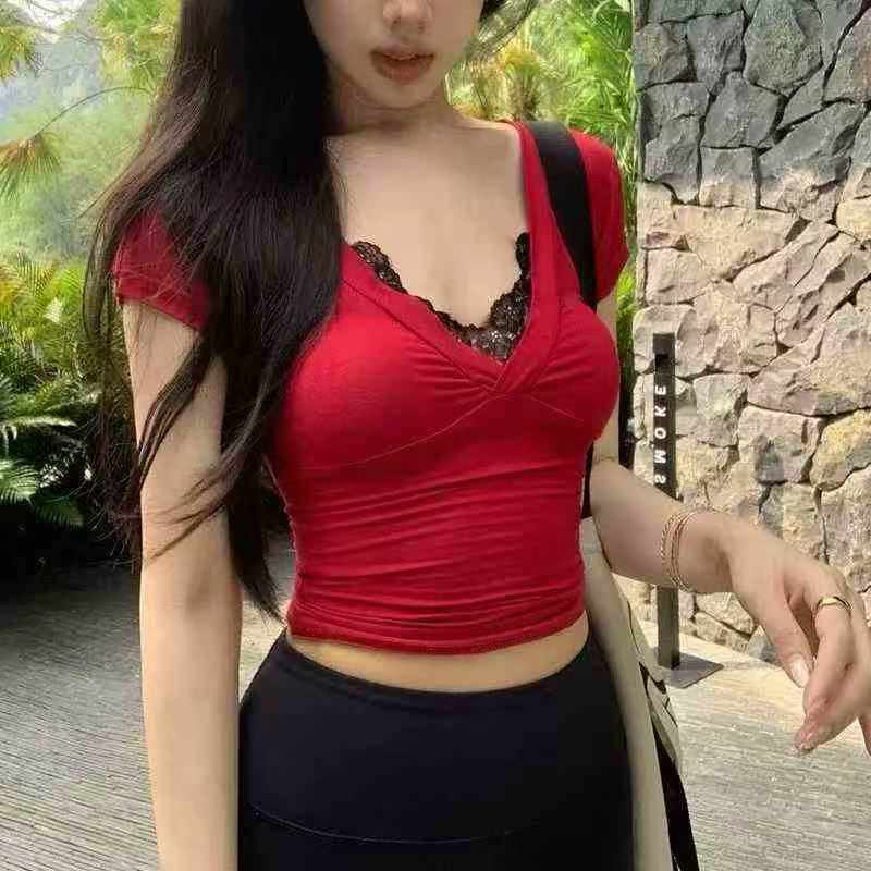 Clearance Bulk Wholesale Women's Sexy Slim Fit V Neck Lace Short Sleeve T-Shirt Sizes S-XL, SKU 001#31 - Image 2