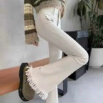 234 Pieces Women's White Stretch Fringed Micro Flare Jeans, Fringe Trim Petite Milk White Flared Jeans for 2026 Spring Summer - Image 9