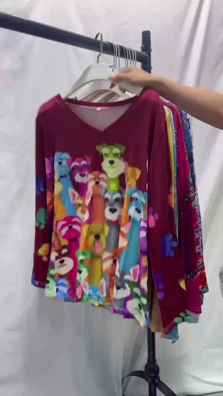 2500 Pieces Women's Digital Print Long Sleeve V-neck Tops, Sizes S-2XL, Individually Packed Bulk Stock - Image 1