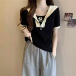 340 Pcs Contrast Color Turn-down Collar Short Sleeve Loose Korean Style Age-reducing Middle-aged Women T-shirts - Image 9