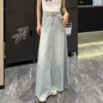 192 Pcs Vintage High Waist Washed Raw Hem Denim A-line Long Skirts For Women - Image 9
