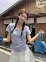 All Clearance: 8.2 CNY Each, Sweet Spicy Contrast Stripe Lace Short Sleeve T-Shirts, Around 60 Pieces, Brown Mainly, One Size - Image 5