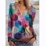 1200 Pcs Amazon Hot Street Style Geometric Cube Print V-neck Zip Long Sleeve Women T-shirt Bulk Stock - Image 8