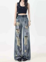 Vintage Tie-Dye Wasteland Style Ripped Women's Washed Wide Leg Floor-length Jeans, About 400 Pieces Bulk Clearance - Image 8