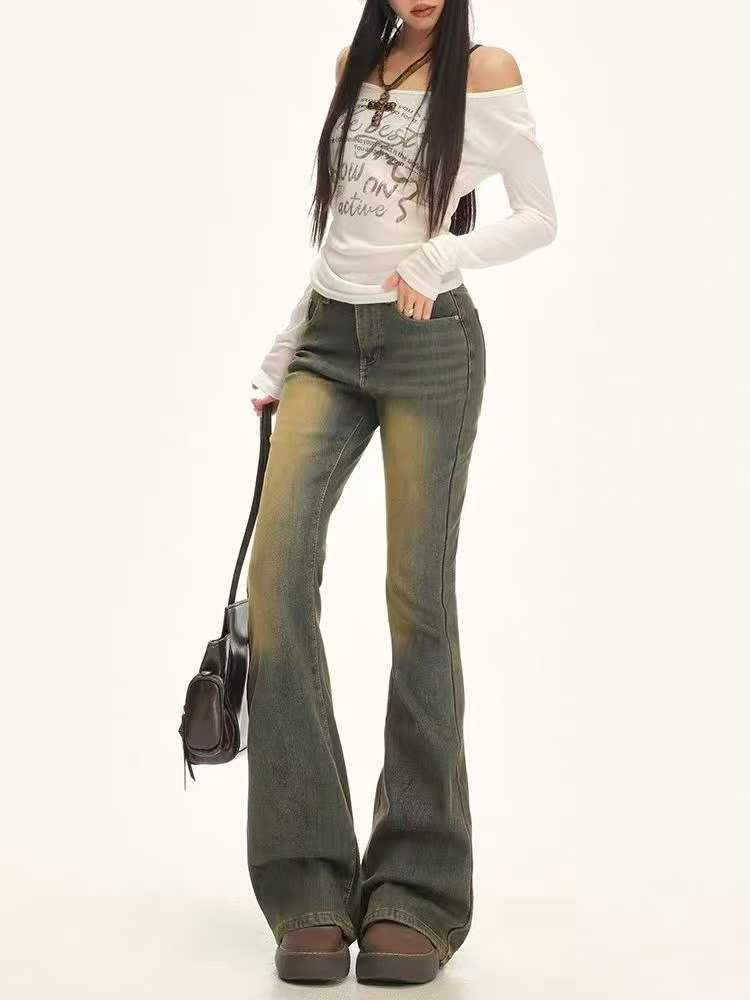 1300 Pcs Original Export High Quality Vintage Washed Stretch Denim Bootcut Jeans Bulk Stock Wholesale - Image 1