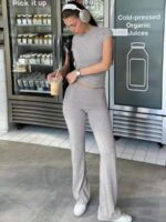 Clearance 575 Sets Sexy Grey Short Sleeve Flared Pants Casual Sports Matching Set Wholesale Clothing Stock Lots - Image 1