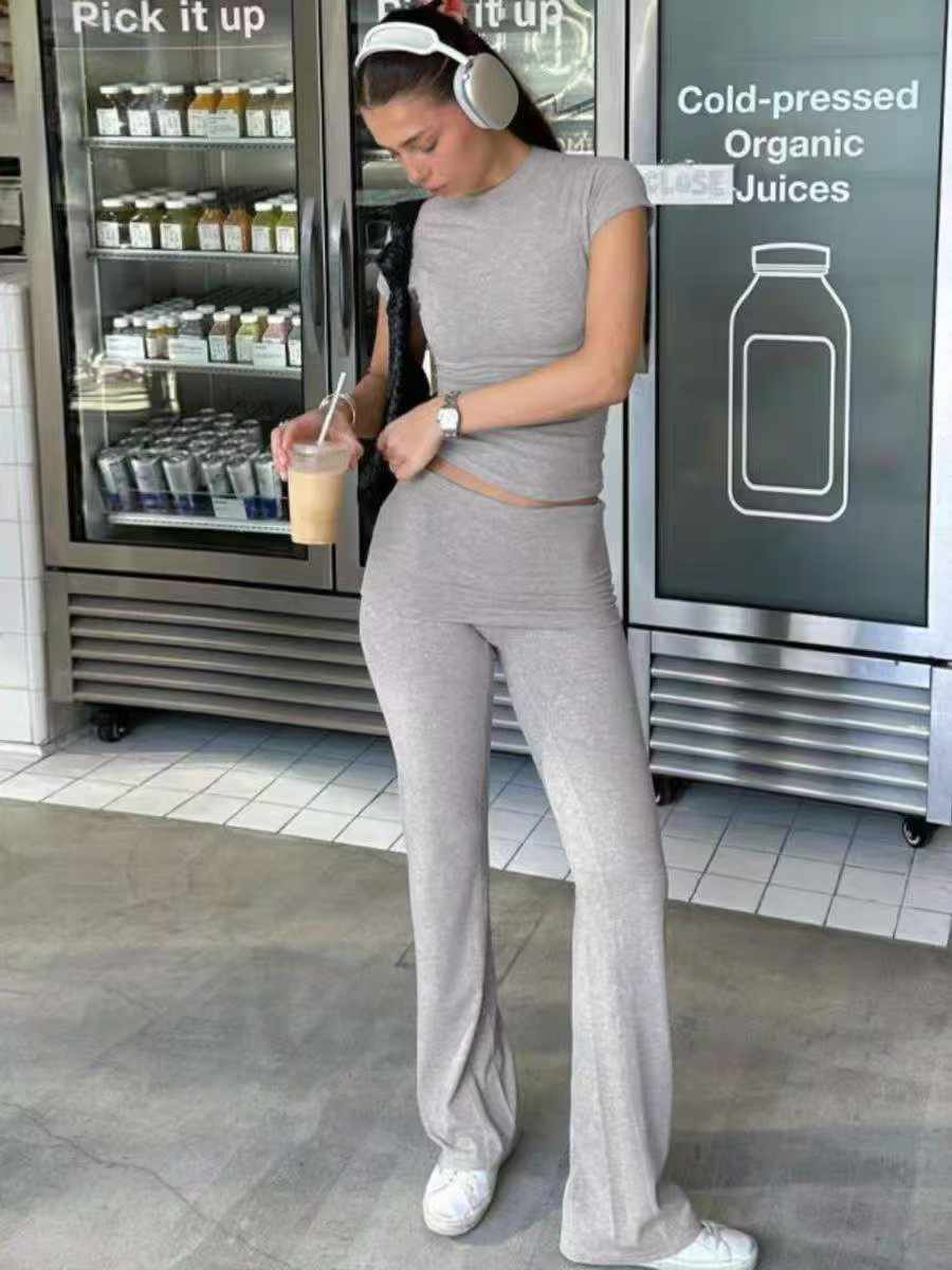 Clearance 575 Sets Sexy Grey Short Sleeve Flared Pants Casual Sports Matching Set Wholesale Clothing Stock Lots - Image 1