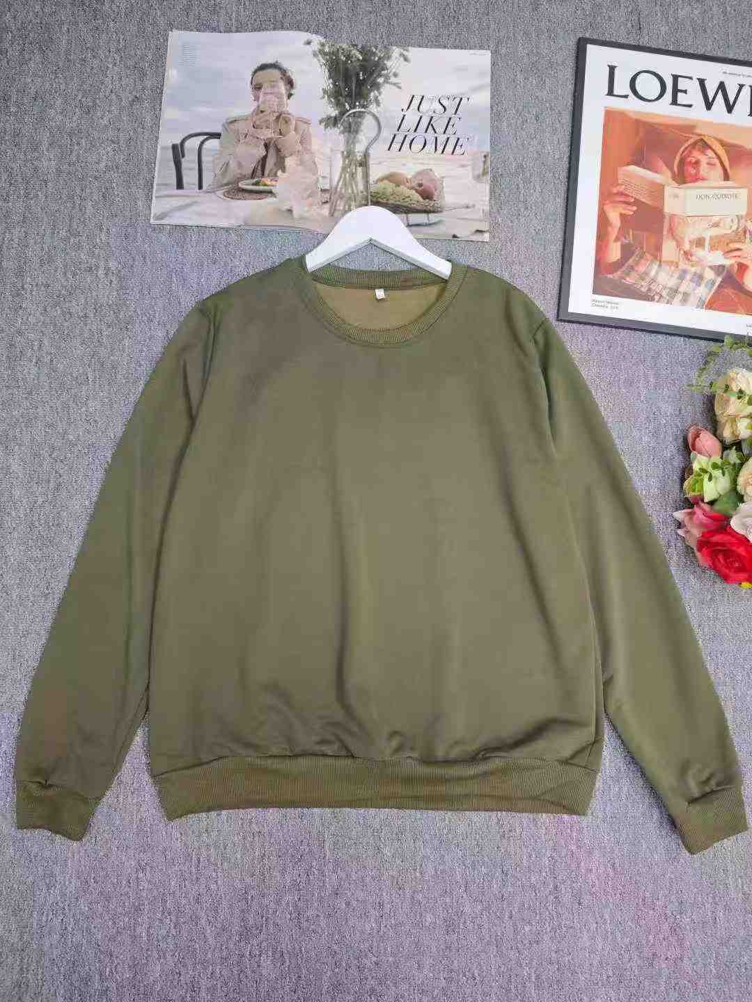 Wholesale Bulk Stock 226 Pcs Unisex Early Spring Army Green Solid Lazy Style Crew Neck Sweatshirts S-5XL - Image 1