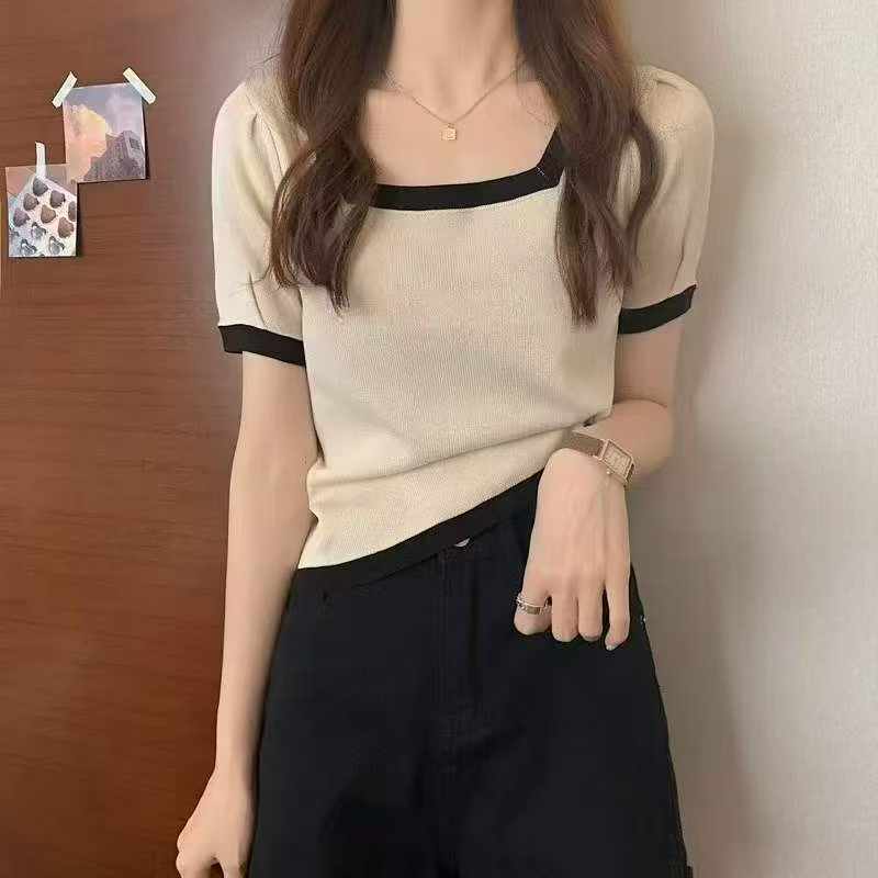Summer New Style Oversized Square Neck Stretchy Knit Short Sleeve Tops - 5300 Pcs, 3 Colors (Beige, Black) - Clothing Stock Lots for Wholesale Export - Image 2