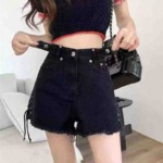 153 Pcs Women's American Sweet Spicy Style Black Denim Shorts Summer Frayed Tie A-line Hot Pants Sizes M-L - Image 9