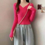 Spring New Retro Gentle French V-neck Ribbed Core Spun Yarn Pullover Sweater 700PCS Multiple Colors Bulk Wholesale - Image 7