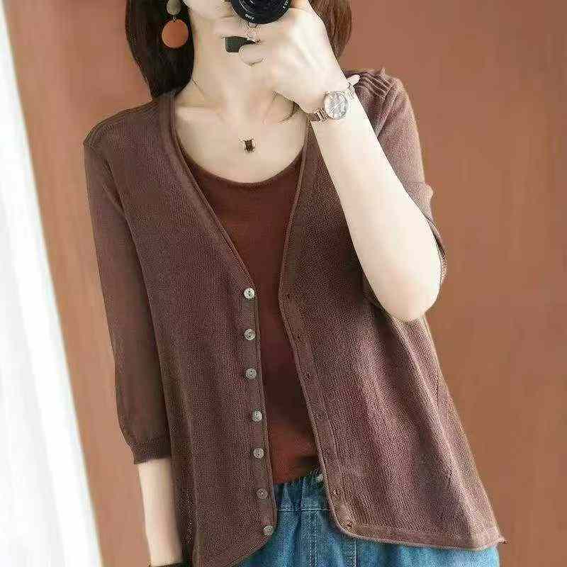 200 Pcs Spring Summer Women's Light Mature Plain Loose Soft Knit Cardigan Stock Wholesale - Image 2