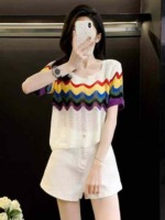 Summer New Rainbow Striped Hollow Out Ice Silk Loose Cropped Short Sleeve Knit Tops - 380 Pieces Bulk Wholesale - Image 8