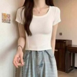 Summer New Trendy Fitted Fishbone U-Neck Stretch Short Sleeve T-Shirts, 2 Styles Multiple Colors S-L, Approx 1408 Pcs Bulk Wholesale Stock - Image 7