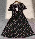 260 Pcs French Style Square Neck Short Sleeve Slim Waist Long Floral Black Women Dresses Summer Stock Clearance - Image 7