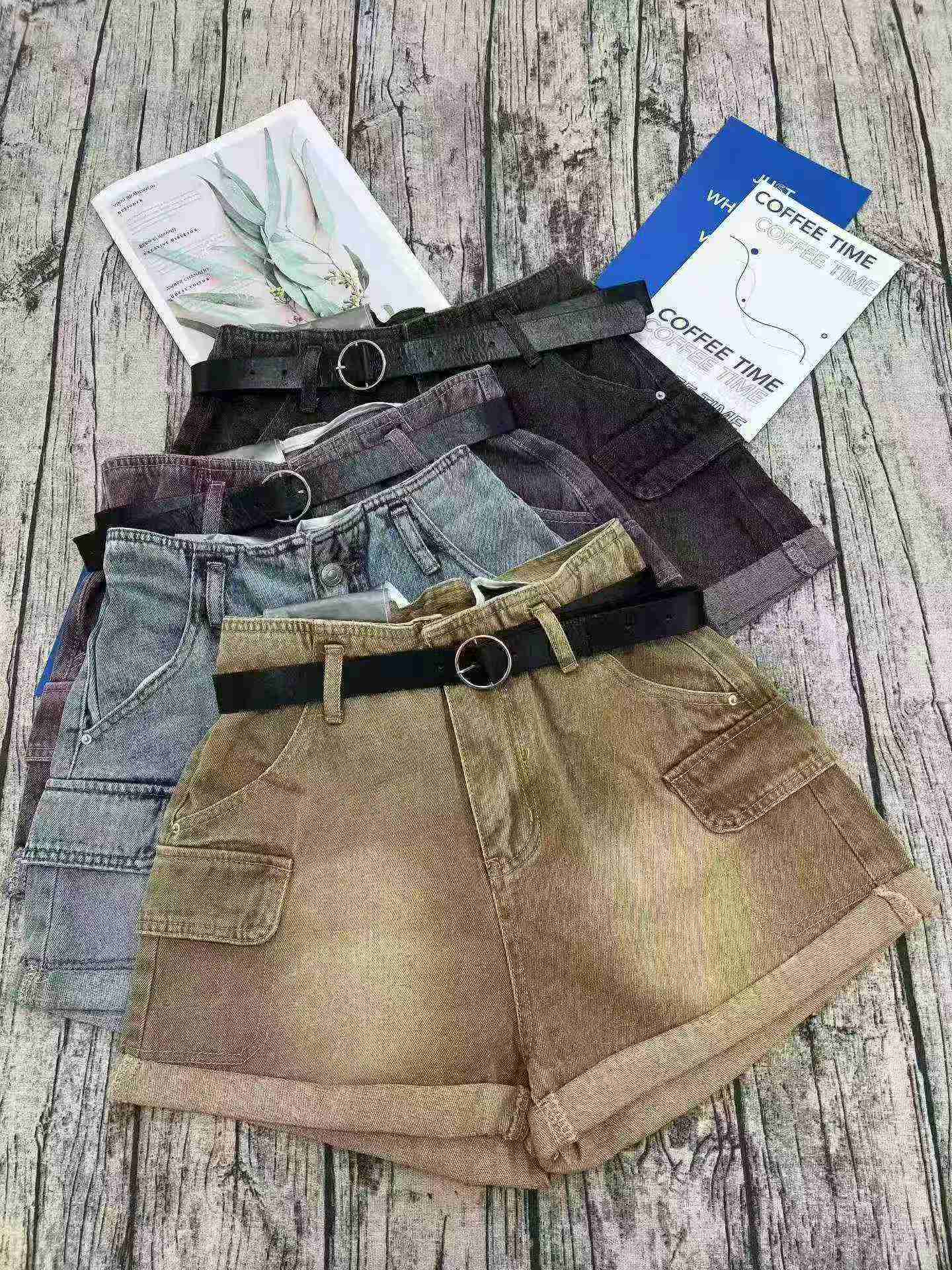 Women's Summer High Waist Maillard Color Cargo Denim Shorts Straight Wide Leg 350 Pieces Bulk Clearance - Image 1
