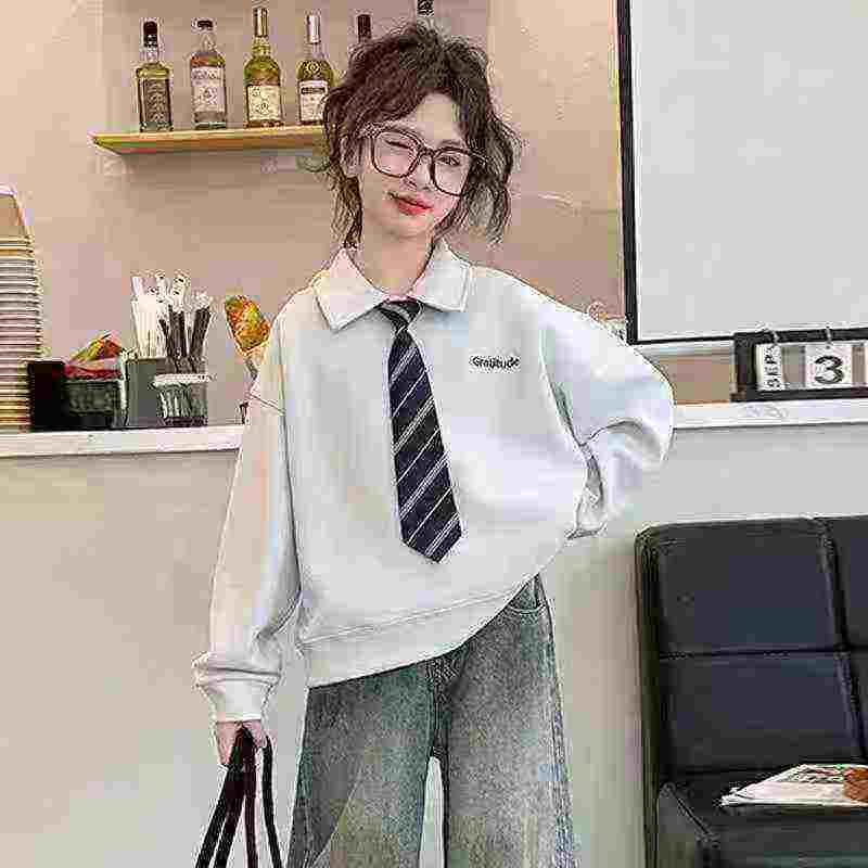 210 Pcs Bulk Stock Fall Winter Big Girls Preppy Style Polo Sweatshirts, Mostly Grey Size 120-170 - Image 1