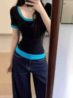 Flash Clearance: 530 Pieces High Stretch Color Block Fake Two-Piece U-Neck Women's T-Shirts - Image 9