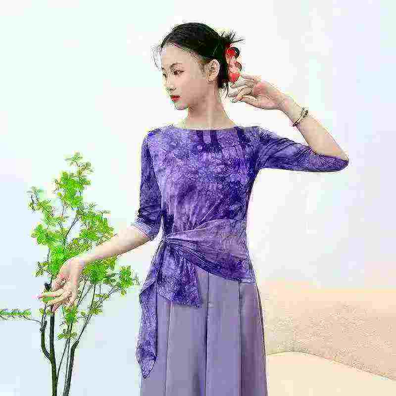 2025 New Tie-dye Waist Cinched Chinese Style Dance Training Long Sleeve Tops, 205 Pieces Bulk Stock - Image 2