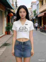 Clearance 1634 Pieces White Embroidered Cropped Turn-down Collar Knit Short Sleeve Tops - Image 1