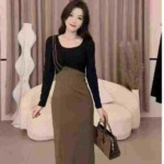 French Style Elegant Designer Dress 378 Pieces, Contrast Patchwork Slit Hem - Image 7