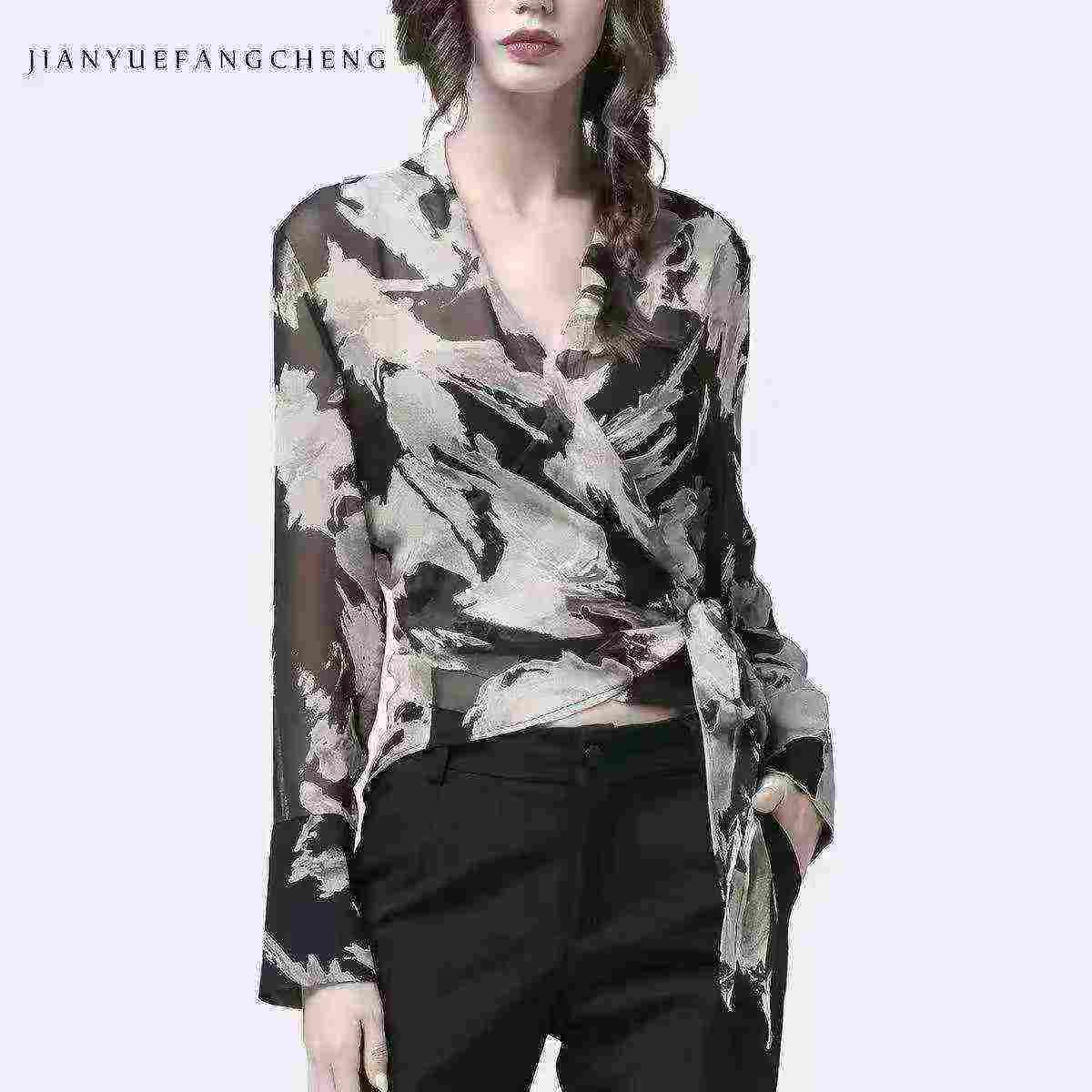 131 Pcs Women's Long Sleeve Chiffon Blouses Cross V-neck Waisted Tops Size L/XL Bulk Stock Clearance - Image 1