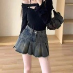 Summer New Trendy Vintage Pleated Washed Cotton Denim Skirts, Around 877 Pieces Bulk Stock Wholesale - Image 6