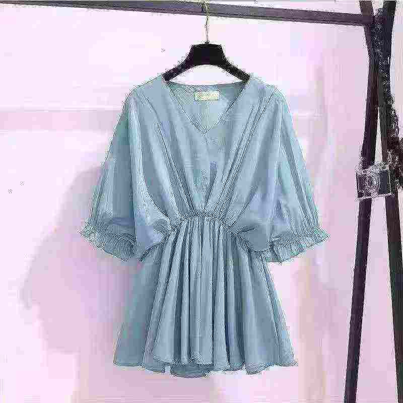 55 Pieces V Neck Ruffle Waisted Mid-sleeve Chiffon Blouse Clearance Bulk Stock - Image 1