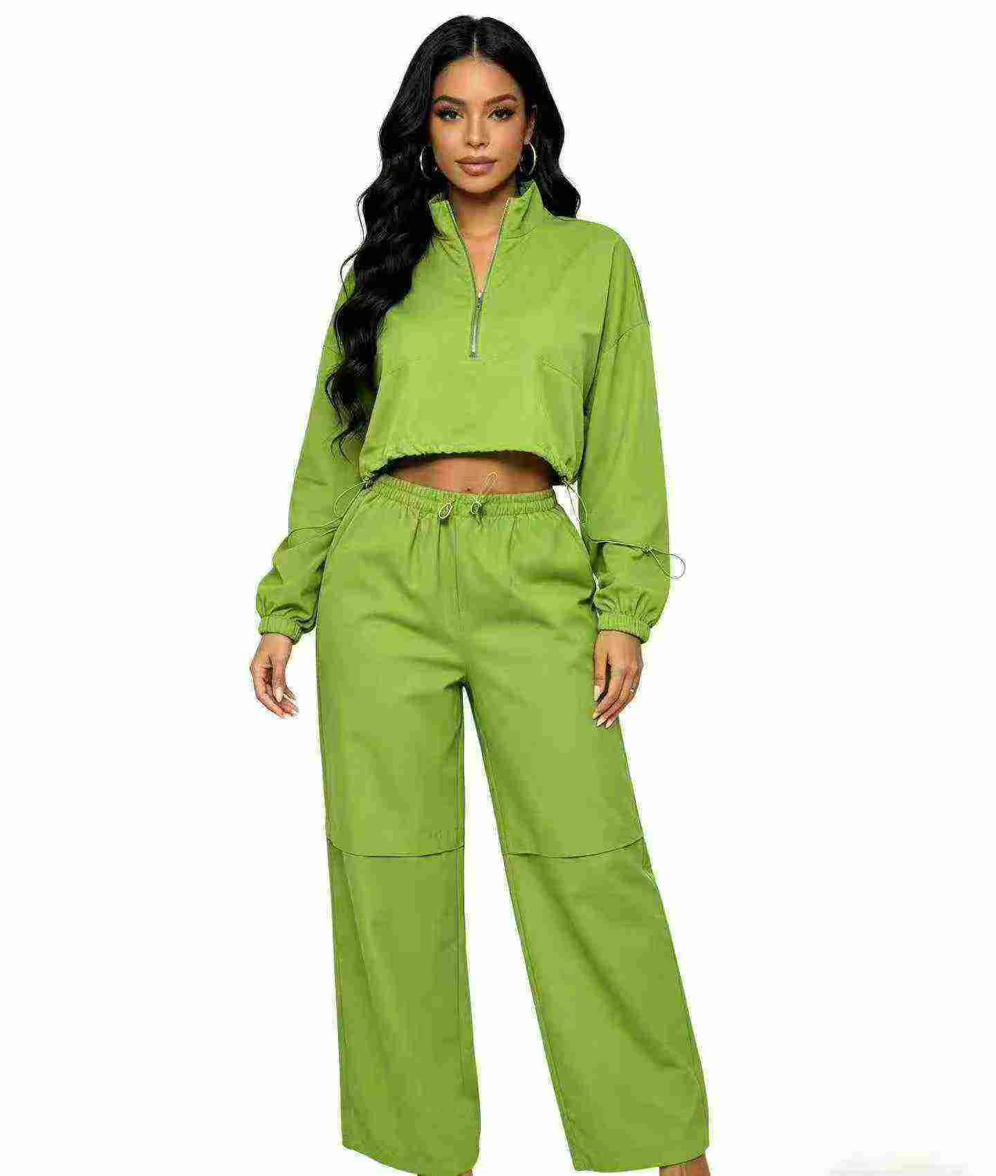 Clearance 115 Sets European & American Casual Green 2-Piece Long Sleeve Top & Long Pants Set S-2XL - Image 1