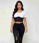 European American Fashion Women's Casual Ripped 2-Piece Short Sleeve Top & Long Pants, 4 Colors, Approx 390 Sets, Sizes S-2XL - Image 7