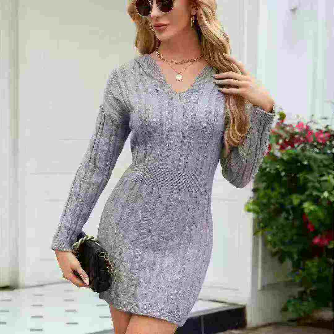 Clearance European & American Style Long Sleeve Midi Knit Bodycon Commuter Single Twist Dress Bulk Wholesale Stock - Image 1