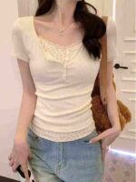 Clearance Bulk Stock Lot: 1620 Pcs Lace Trim Two-in-One Patchwork Floral Sexy T-Shirts, Assorted Sizes, Individual Packaging - Image 1