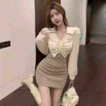 166 Pcs Elegant High Elastic Dresses Bulk Stock - Polo Neck Fake Two-piece Contrast Drawstring Dress Wholesale - Image 1